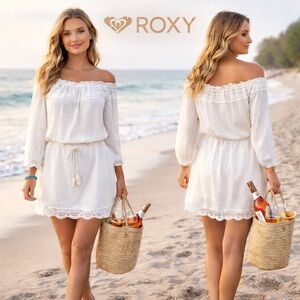 ROXY Coastal Boho -Shoulder Resort Festival Cottagecore Lace Gauze Dress Size M
